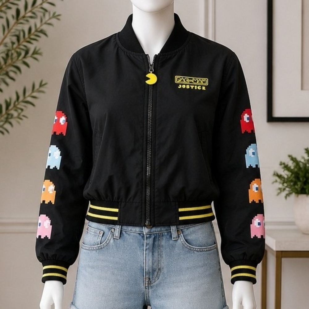 Justice Girls Pac-Man Mini Bomber Jacket Black Graphic Retro Zip Up Size S 7/8
